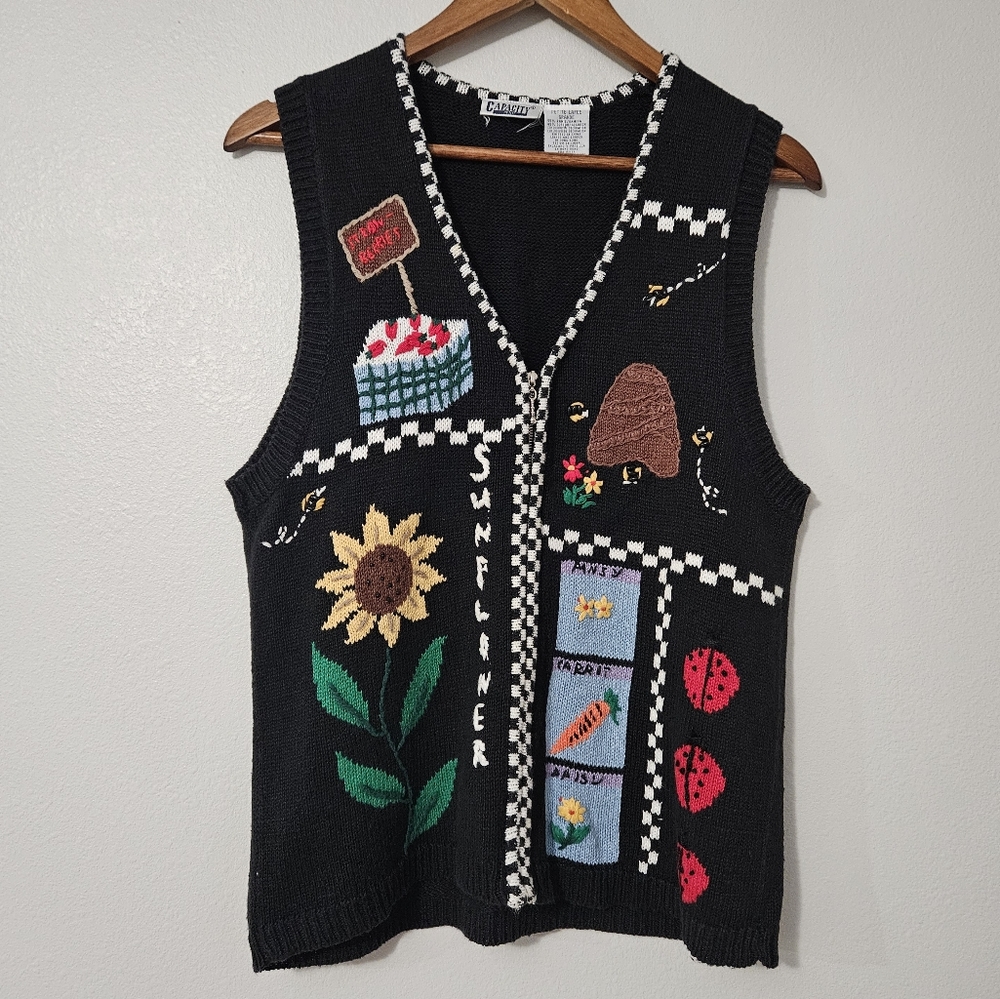 Vintage Gardening Sunflower Zip-Up Sweater Vest Petite Large